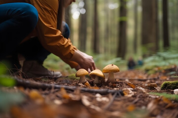 Man hands picking up mushrooms in the forest close up, autumn nature on the background, free space for text. Generative AI