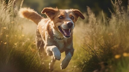 Happy dog running in grass close-up. AI generated