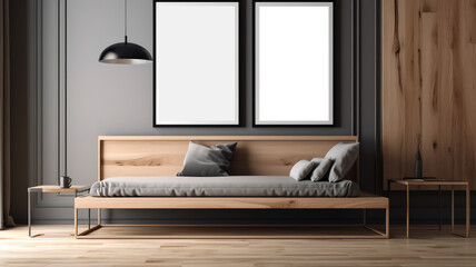 Modern scandinavian living room interior with mockup poster frame. Template. Stylish home decor. 