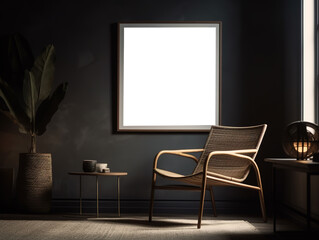 Modern scandinavian living room interior with mockup poster frame. Template. Stylish home decor. 