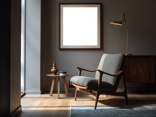 Modern scandinavian living room interior with mockup poster frame. Template. Stylish home decor. 