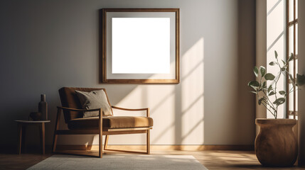 Modern scandinavian living room interior with mockup poster frame. Template. Stylish home decor. 