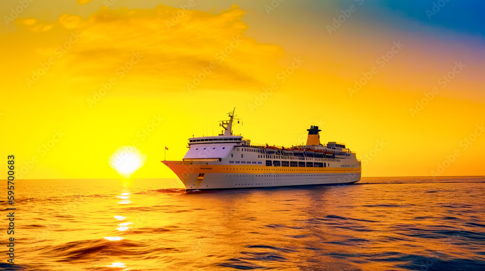 Poster cruise ship in the middle of the ocean with the sun setting in the background. generative ai.