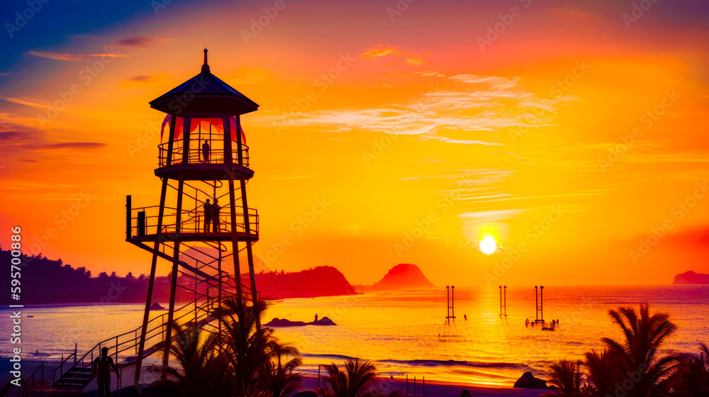 Poster the sun is setting over the ocean with lighthouse in the foreground. generative ai.