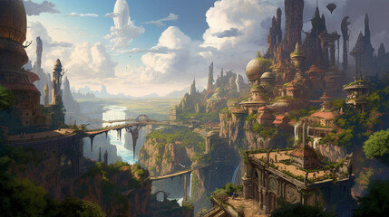 Fototapeta premium Beautiful Utopia Futuristic Metropolis 3D Art Illustration. Waterfalls, mountains, vegetation, Sci-Fi City Conceptual Background. (AI Generated)