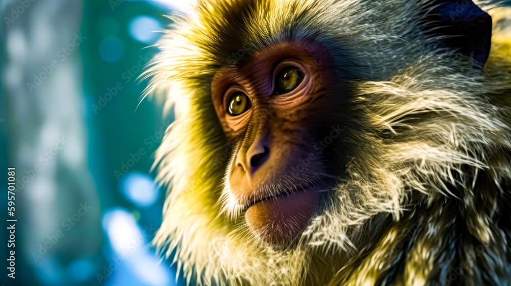 Poster close up of monkey's face with blurry background. generative ai.