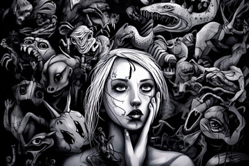 Painting of woman surrounded by lot of dead animals and monsters. Generative AI.