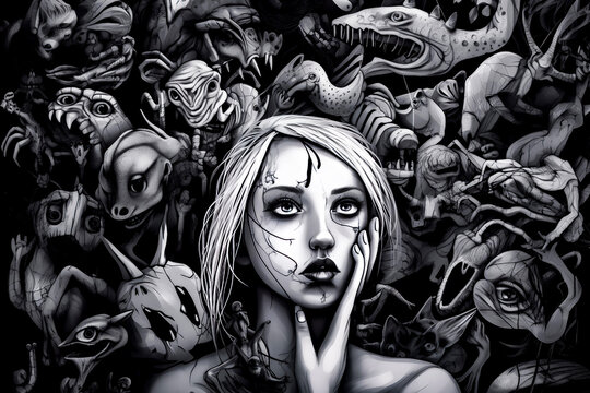 Painting of woman surrounded by lot of dead animals and monsters. Generative AI.