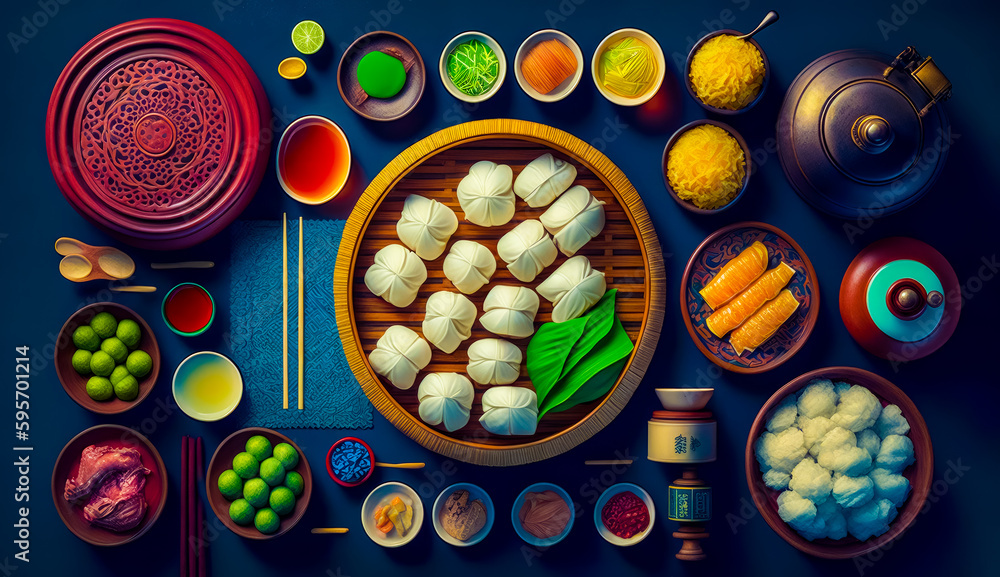 Poster table topped with lots of different types of food on top of blue surface. generative ai.
