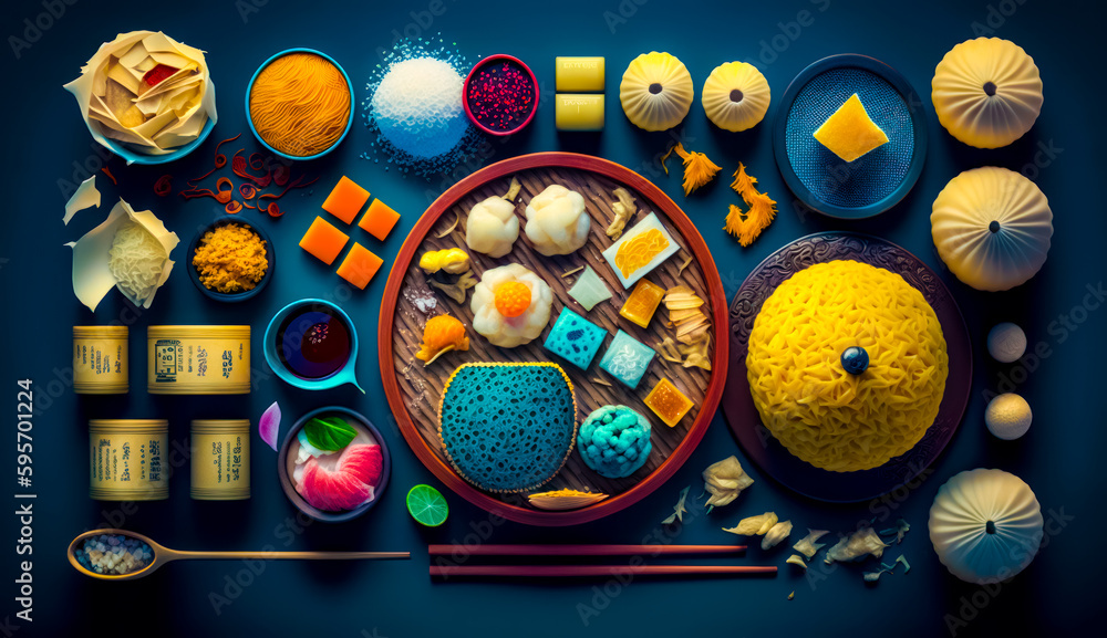 Aufkleber table topped with lots of different types of food next to chopsticks. generative ai.
