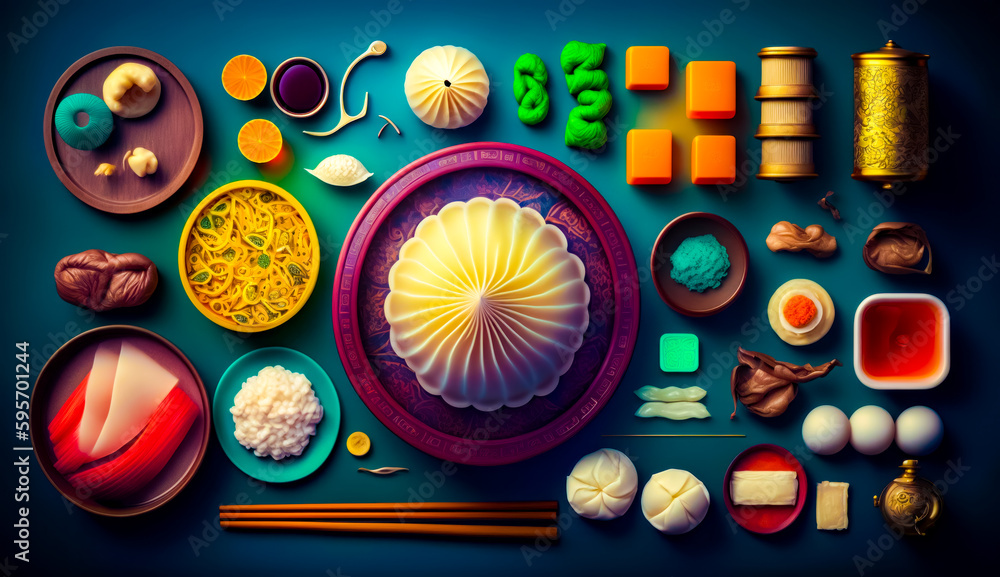 Poster table topped with lots of different types of food and chopsticks. generative ai.