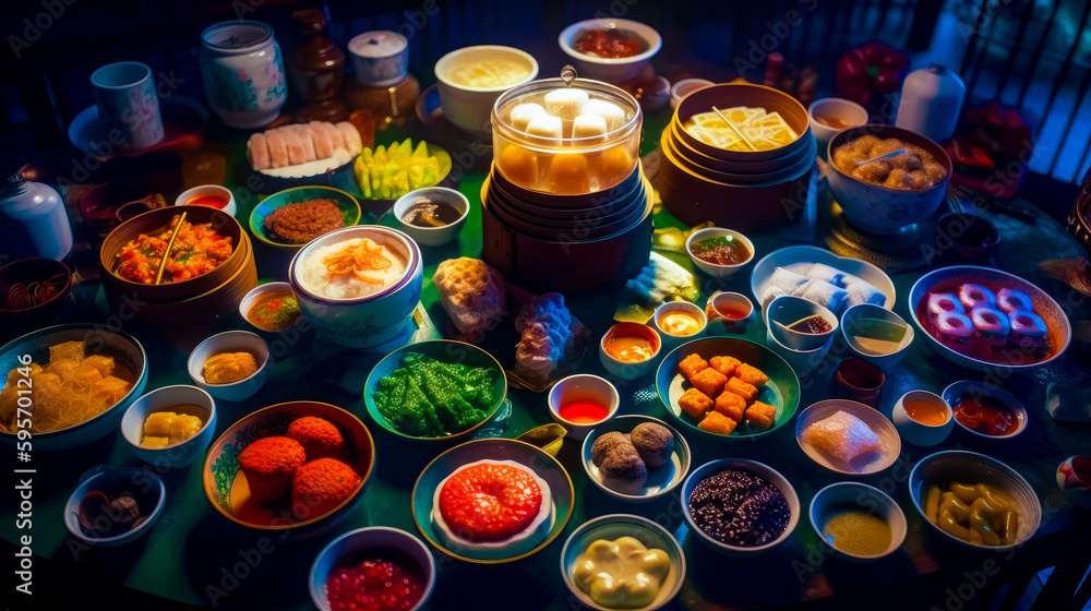 Aufkleber table topped with lots of bowls filled with different types of foods and condiments. generative ai.