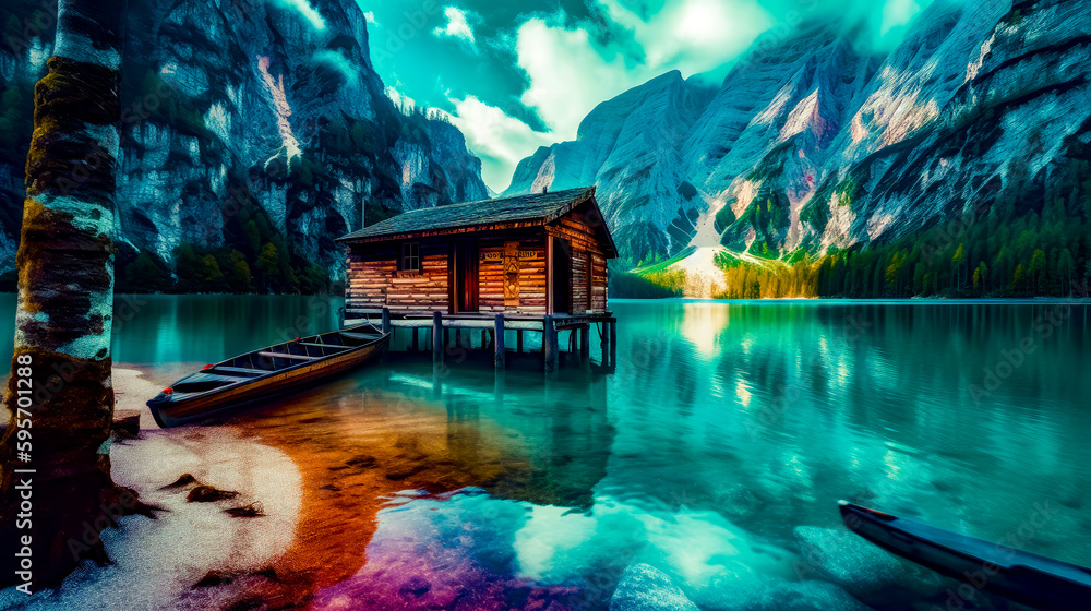 Aufkleber cabin on the shore of lake with boat in front of it. generative ai.