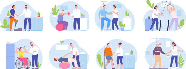 People rehabilitation therapy. Rehab walking disability patient after injury trauma, physiotherapy treatment in hospital gym wellness physical exercise splendid vector illustration