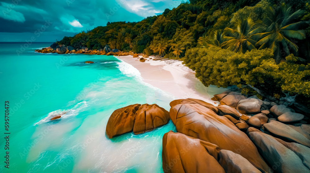 Poster aerial view of beach with rocks in the water and palm trees in the background. generative ai.