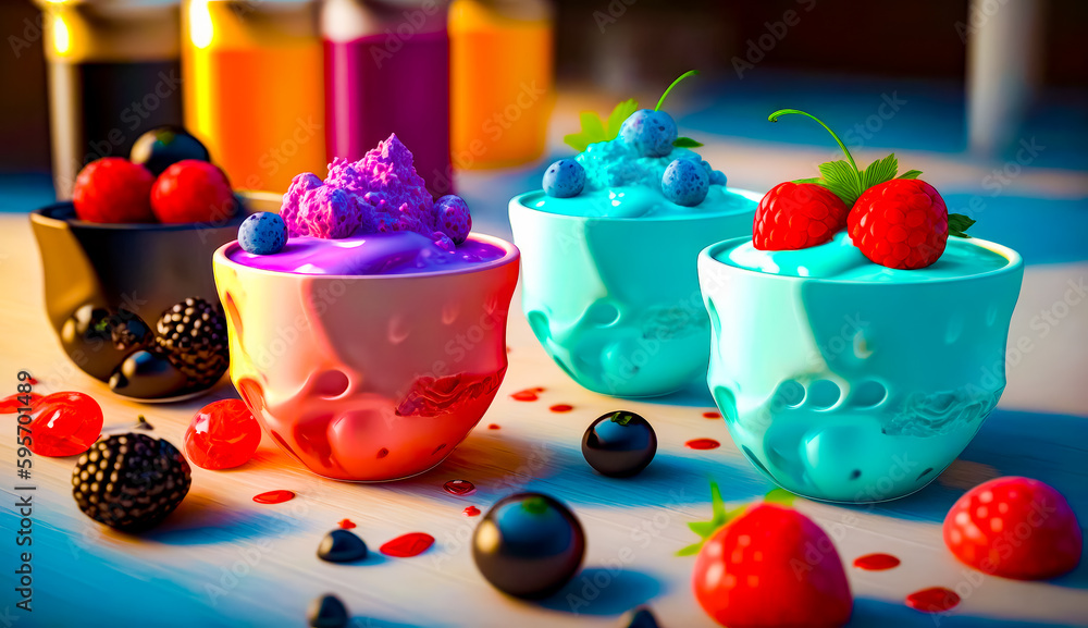 Aufkleber table topped with bowls filled with different types of desserts and toppings. generative ai.