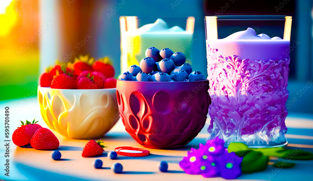 Poster table topped with three bowls filled with different types of fruit and veggies. generative ai.