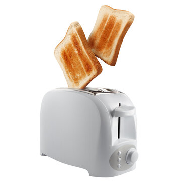 Roasted toasts popping out of a white toaster, cut out