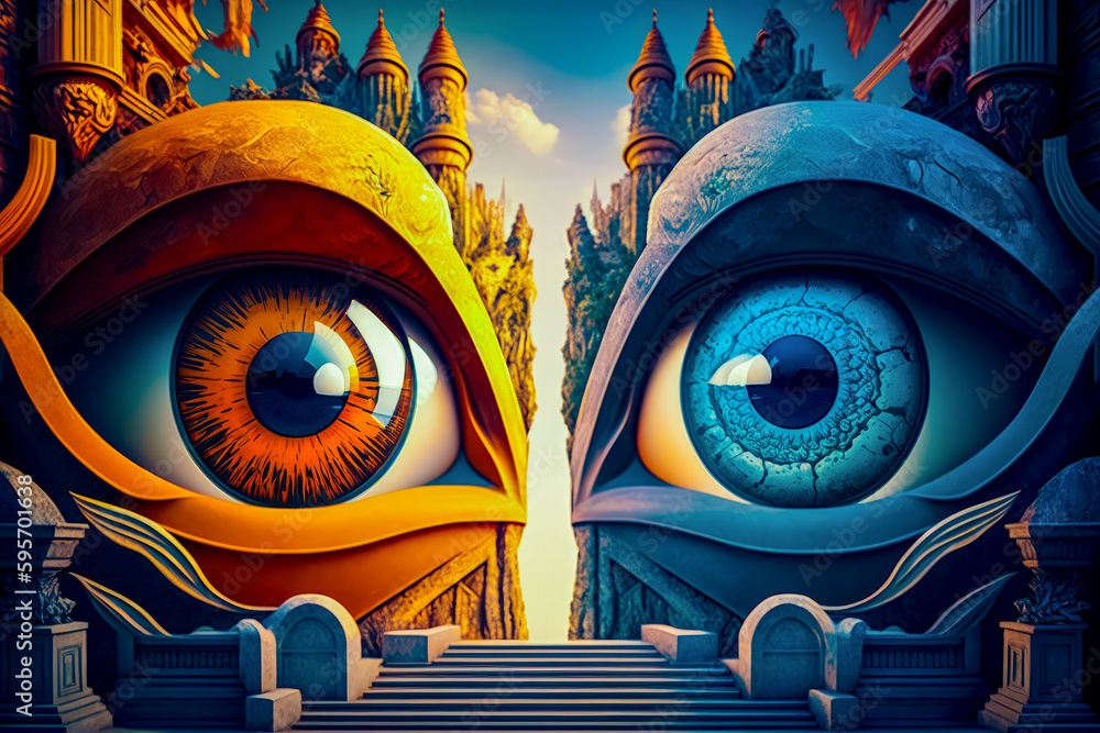 Poster pair of eyes are shown in front of castle with staircase leading up to it. generative ai.