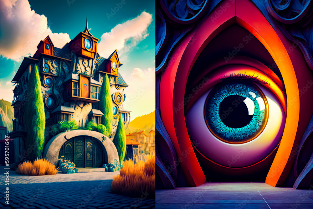 Poster painting of house with clock on the front and painting of house with clock on the back. generative a