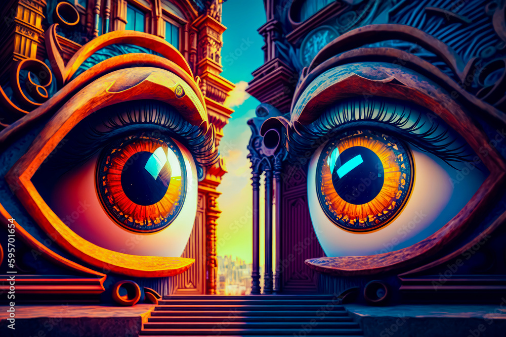 Poster pair of large eyes sitting on top of set of steps in front of tall building. generative ai.