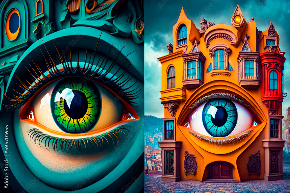 Poster two pictures of building with large eye in the middle of it. generative ai.