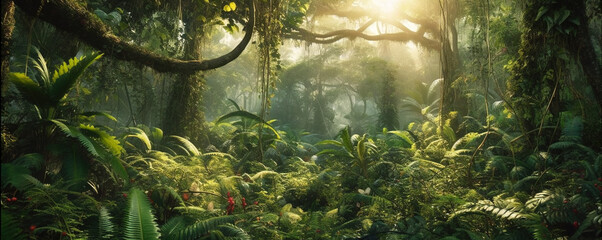 Panorama of dense jungle, wild forest with palm trees and tropical plants. Landscape of green wilderness, thick, theme of adventure, nature and rainforest.