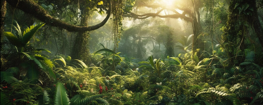 Fototapeta Panorama of dense jungle, wild forest with palm trees and tropical plants. Landscape of green wilderness, thick, theme of adventure, nature and rainforest.