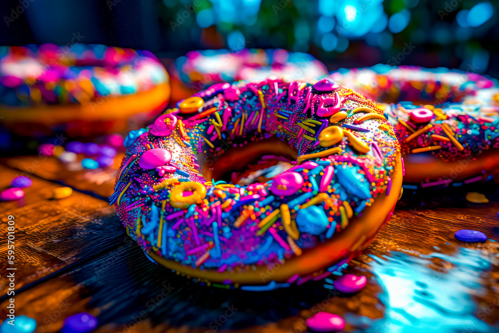 Poster table topped with lots of donuts covered in sprinkles. generative ai.