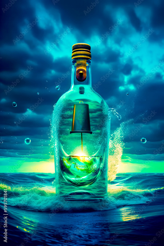 Poster bottle with light inside of it floating in the water on cloudy day. generative ai.
