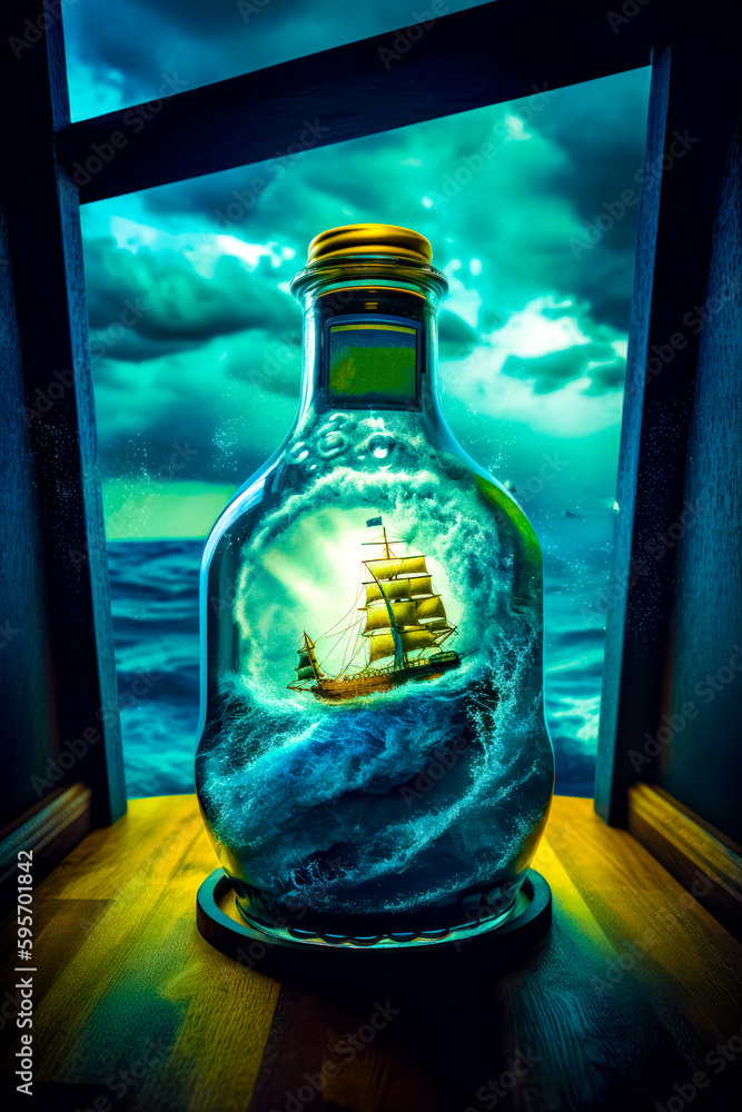 Poster bottle with ship inside of it sitting on table in front of window. generative ai.