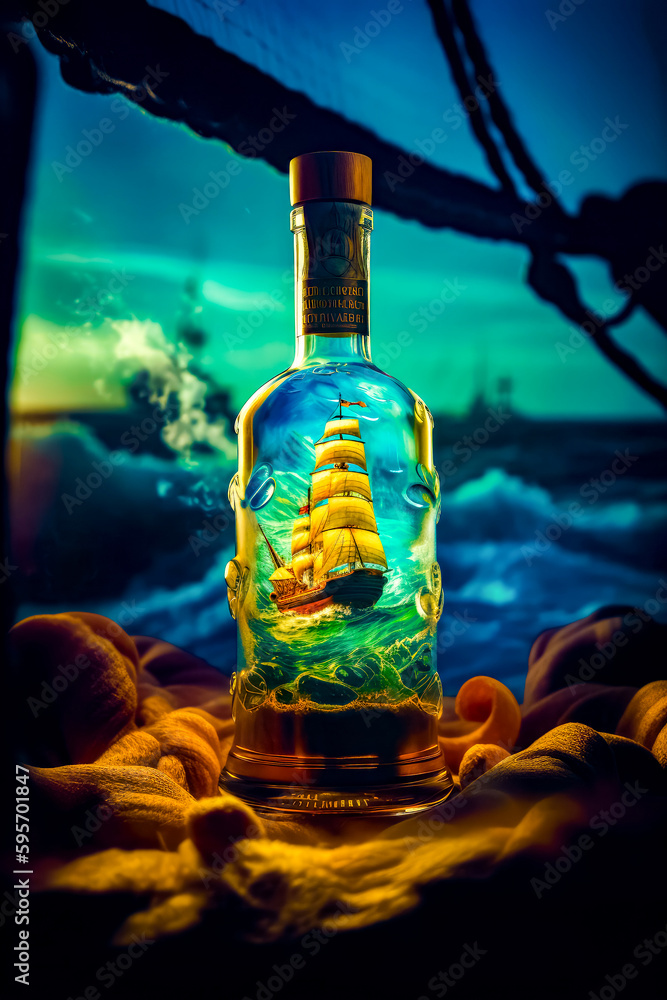 Poster bottle with ship inside of it sitting on table next to the ocean. generative ai.