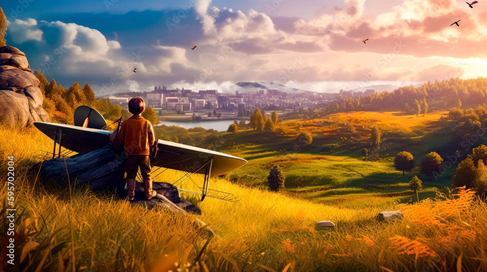 Poster man standing on top of lush green field next to plane. generative ai.