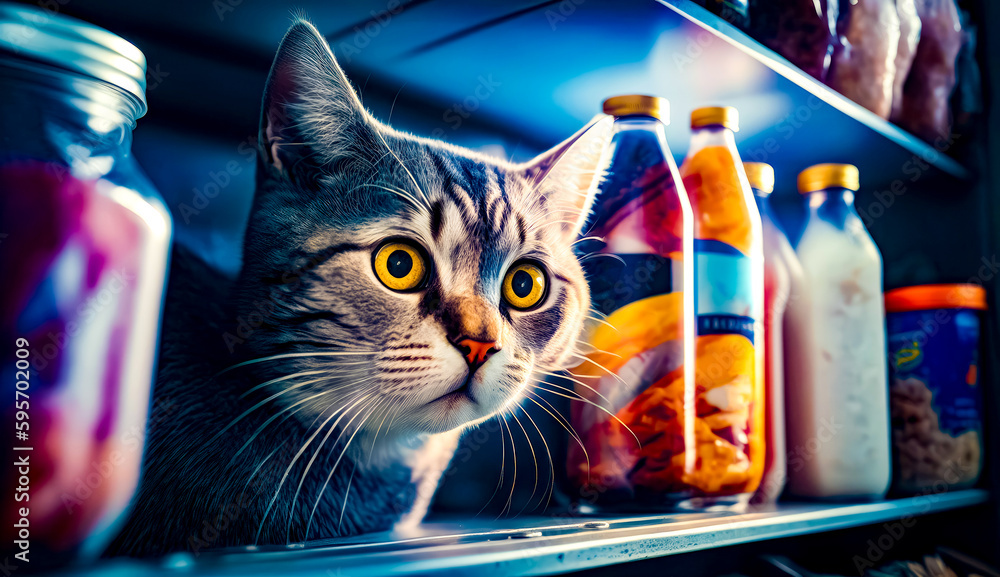 Poster cat standing on shelf next to bunch of bottles of juice. generative ai.