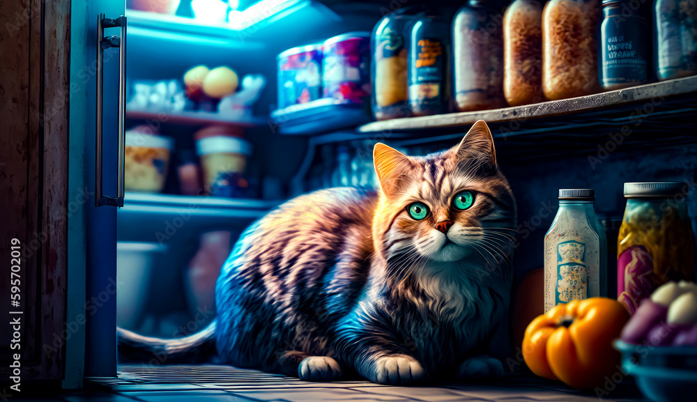 Poster cat sitting on the floor in front of shelf full of spices. generative ai.