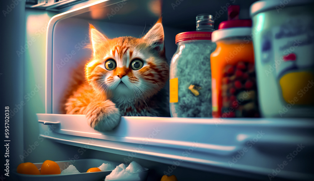 Poster cat is looking out of shelf in refrigerator with jars of food. generative ai.