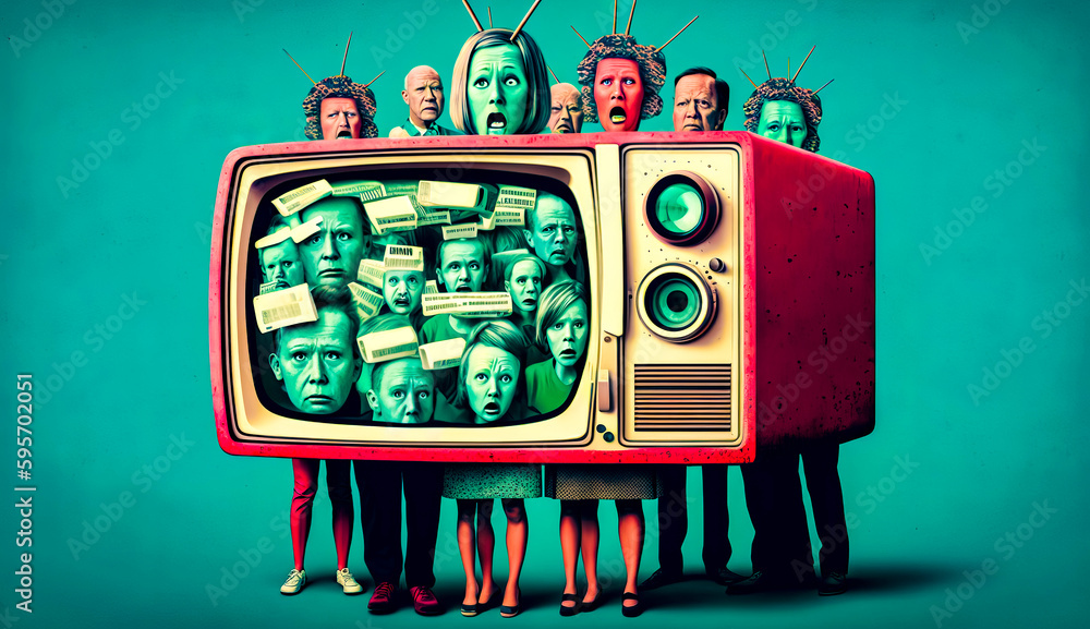 Poster group of people standing in front of tv with many heads on it. generative ai.