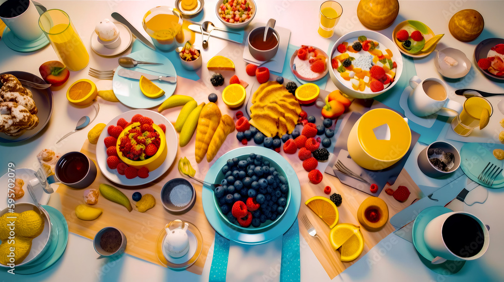 Poster table topped with plates and bowls filled with fruits and veggies. generative ai.