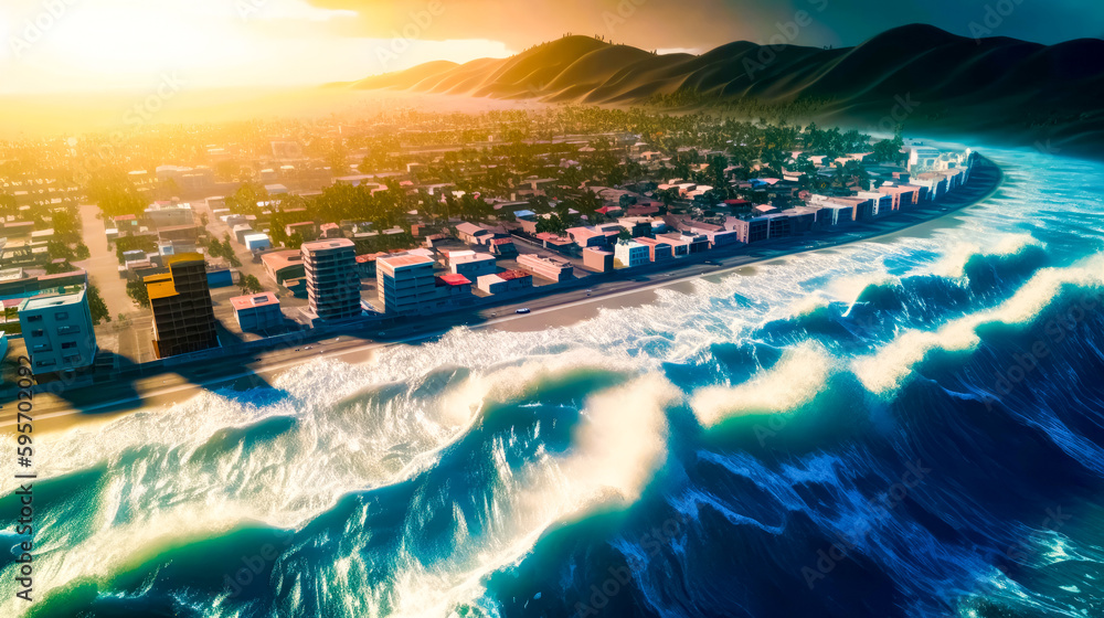 Poster aerial view of city and the ocean with waves in the foreground. generative ai.