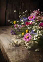 Obraz na płótnie Canvas Wildflowers and wooden table background. AI generative