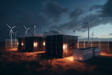 Renewable energy station with solar panels, wind turbines, and large battery storage. Backup power system. Generative AI - obrazy, fototapety, plakaty