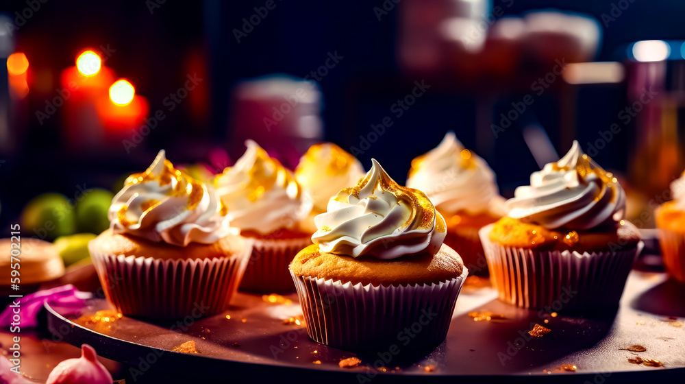 Poster close up of tray of cupcakes with frosting on top. generative ai.