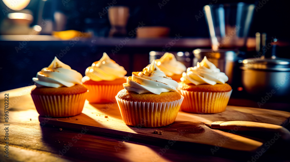 Poster close up of tray of cupcakes with frosting on them. generative ai.