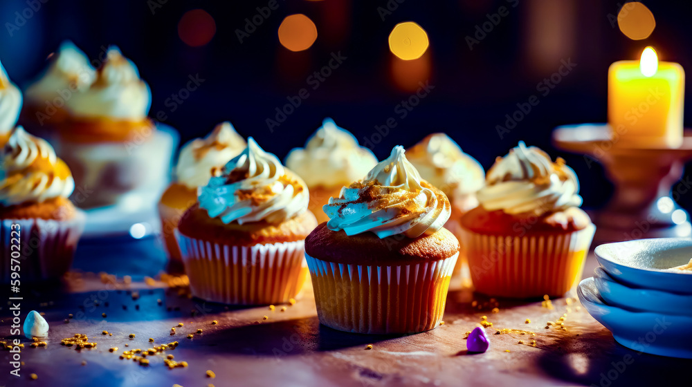 Poster several cupcakes with frosting and sprinkles on table. generative ai.