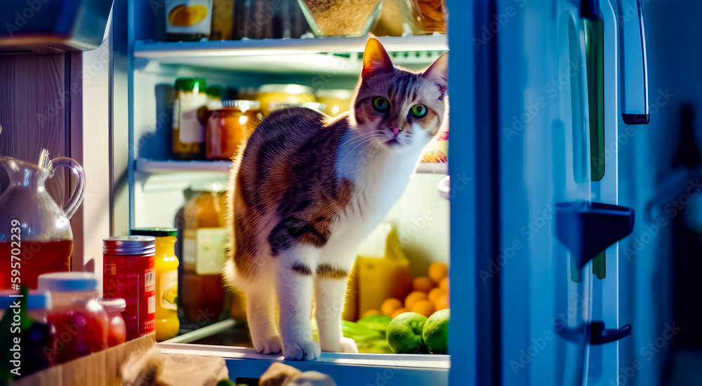 Poster cat standing inside of refrigerator with lots of food inside of it. generative ai.