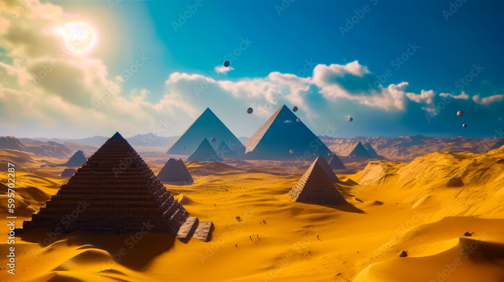 Aufkleber group of pyramids in the desert with blue sky in the background. generative ai.