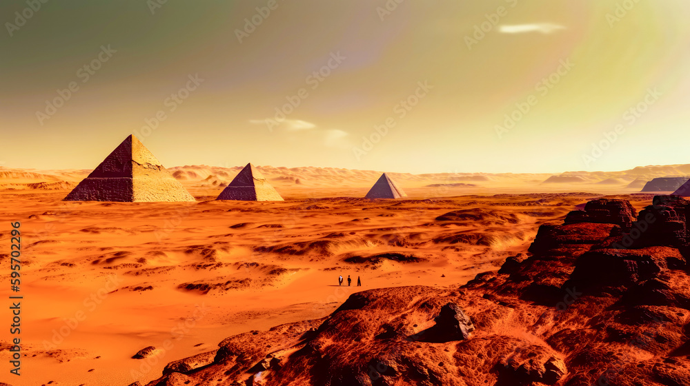 Poster group of pyramids in the middle of desert with sky background. generative ai.