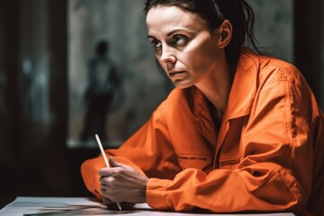 Illustration of a female prisoner in an orange jumpsuit sitting in a jail cell. The image is partly rendered as a drawing, giving it a unique and artistic touch . Generative Ai