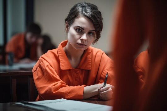 Illustration of a female prisoner in an orange jumpsuit sitting in a jail cell. The image is partly rendered as a drawing, giving it a unique and artistic touch . Generative Ai