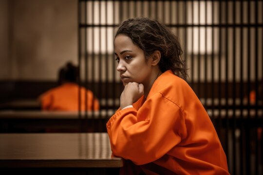 Illustration of a female prisoner in an orange jumpsuit sitting in a jail cell. The image is partly rendered as a drawing, giving it a unique and artistic touch . Generative Ai